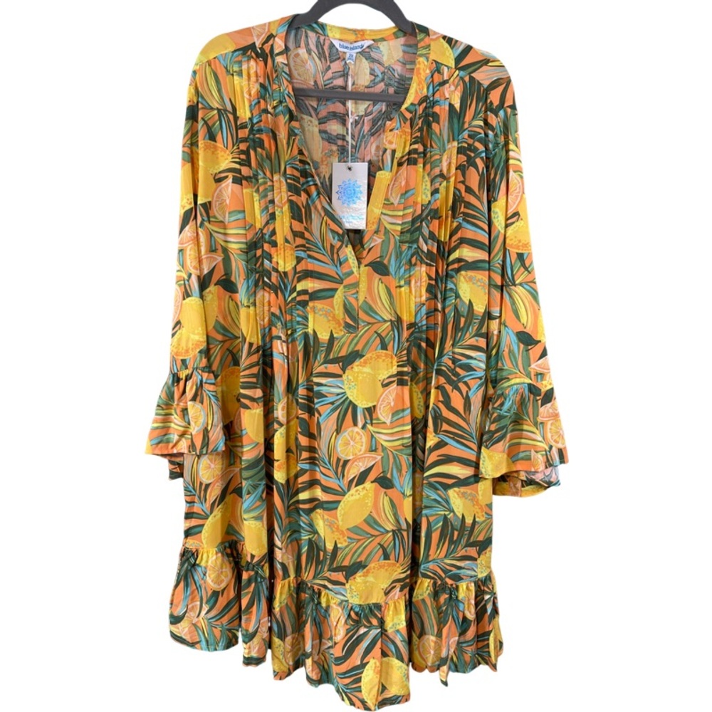 Blue Island Beach V Neck Ruffled Beach Coverup Dress Size 2X